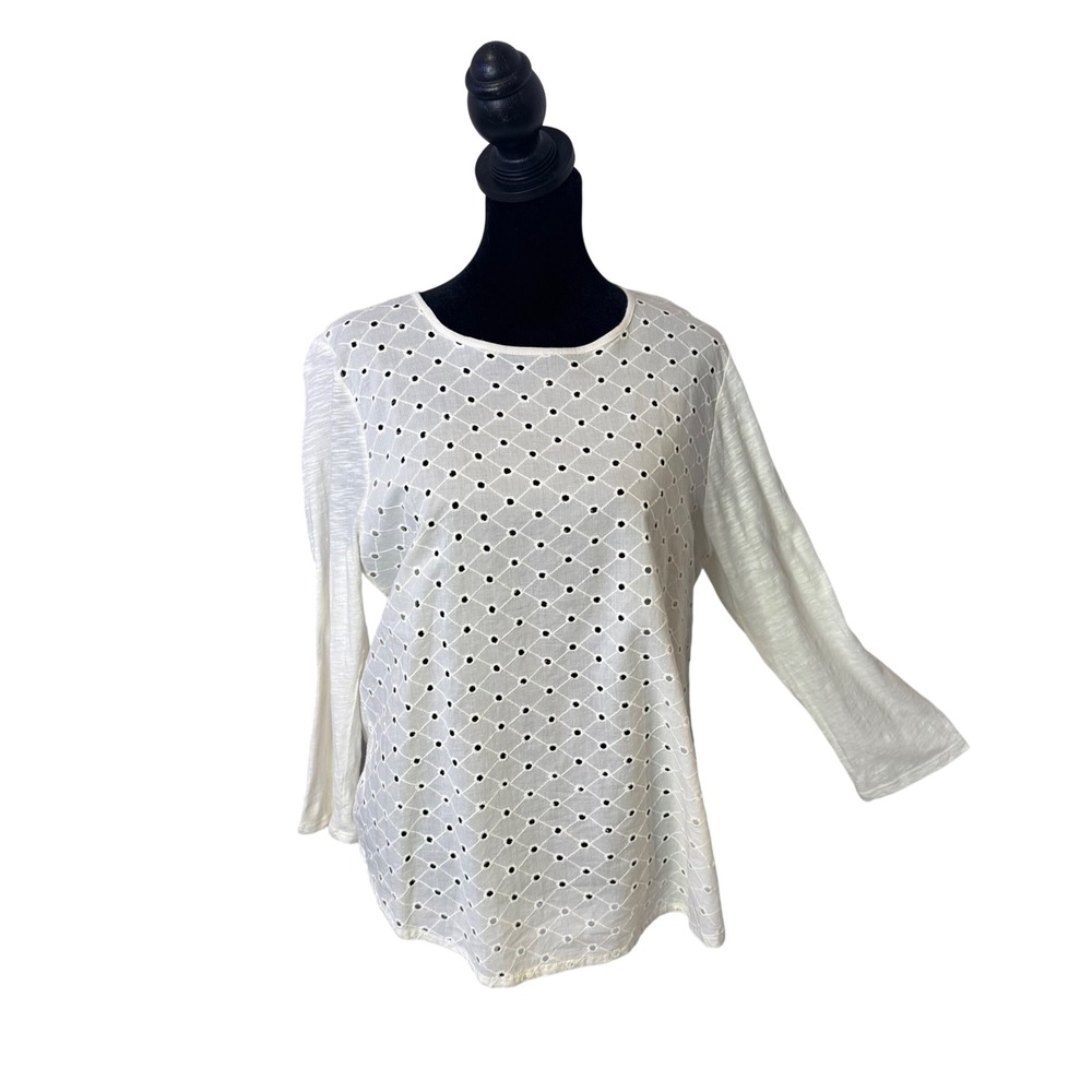 Lucky Brand White Eyelet Embroidered Slub Knit Top 3/4 Sleeve Size L BOHO NEW